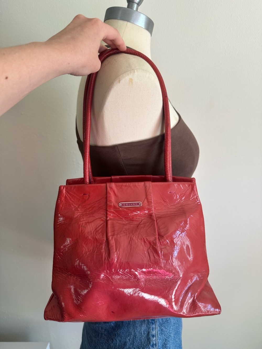 Authentic Vintage Celine Red Patent Leather Tote Bag Made in Italy